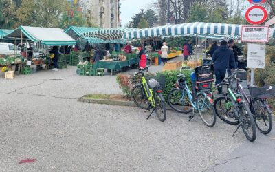 Überblick Bauernmarkt Wetzelsdorf, einige Fahrräder bei der Zufahrt, einige Besucher stehen bei den Marktständen,große grün-weiße Schirme