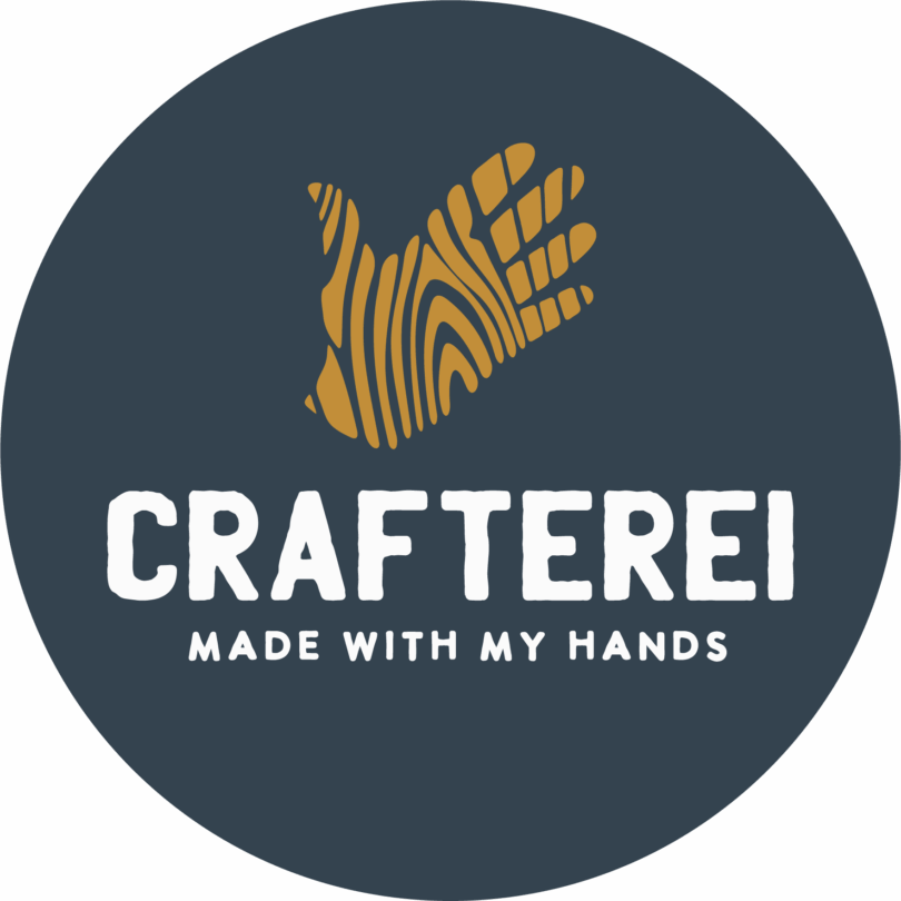 Logo der Crafterei, rund, dunkler Hintergrund, braune Hand in Holzmaserung, Text groß: CRAFTEREI; Text klein: MADE WITH MY HANDS