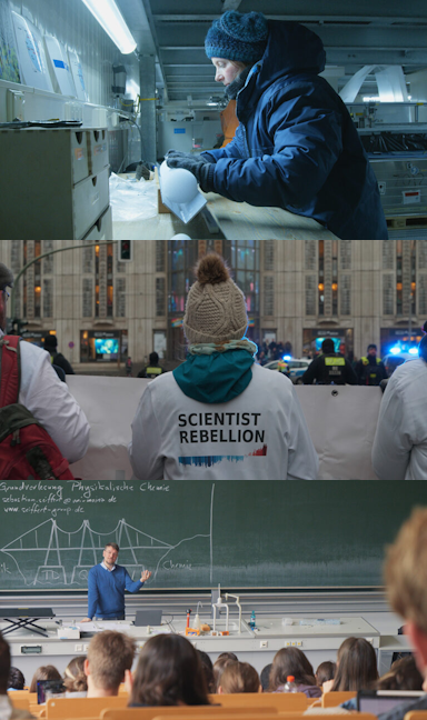 Fotos: Maria bei der Forschungsarbeit im Eislabor; Nana im Einsatz als 'Scienstist Rebellion' Aktivistin; Sebastian beim Unterricht auf der Universität