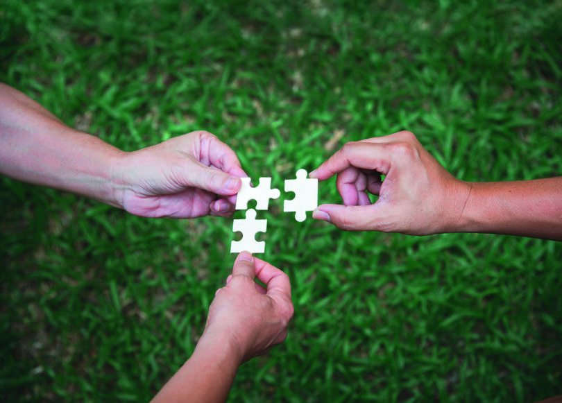 3 Hände über einer Wiese, die jeweils 1 weißes Puzzlestück zueinander führen