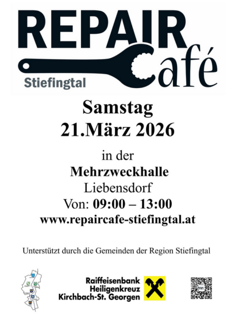 Repair Café Stiefingtal, Samstag, 21. März 2026 in der MZH Liebensdorf, 8081 Empersdorf