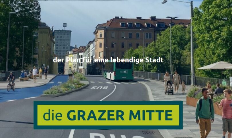 Das Foto zeigt die Brücke über die Mur Richtung Griesplatz in Graz mit Fußgängern, einem Bus und Fahrrädern. Unten das Logo von "die GRAZER MITTE".