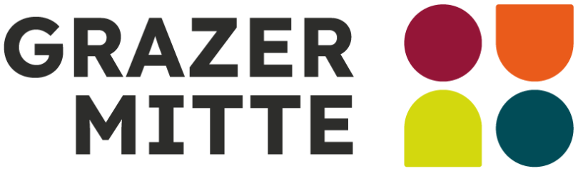 Das Logo der Initiative "Grazer Mitte": Links in Großbuchstaben GRAZER MITTE, rechts 2 Kreise in weinrot und petrolgrün und 2 Halbkreise in orange und gelb.