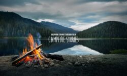 Lagerfeuer, See, dahinter bewaldete Hügel; Text: Campfire stories - inspiring change through film