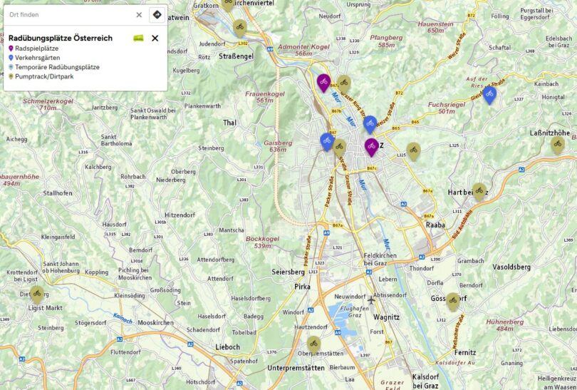 Der Bildausschnitt zeigt eine Karte von Graz und Umgebung mit markierten Orten von Radspielplätzen, Verkehrsgärten und Pumptracks.