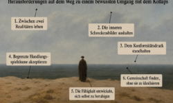 Bild: im Stil Caspar David Friedrich. Man sieht einen Mann mit langem Mantel und Hut, der aufs Meer blickt. Text: Herausforderungen auf dem Weg zu einem bewussten Umgang mit dem Kollaps 1. Zwischen zwei Realitäten leben 2. Die inneren Schreckensbilder aushalten 3. Dem Konformitätsdruck standhalten 4. Begrenzte Handlungsspielräume akzeptieren 5. Die Fähigkeit entwickeln, sich selbst zu beruhigen 6. Gemeinschaft finden, ohne sie zu idealisieren