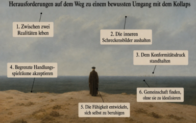 Bild: im Stil Caspar David Friedrich. Man sieht einen Mann mit langem Mantel und Hut, der aufs Meer blickt. Text: Herausforderungen auf dem Weg zu einem bewussten Umgang mit dem Kollaps 1. Zwischen zwei Realitäten leben 2. Die inneren Schreckensbilder aushalten 3. Dem Konformitätsdruck standhalten 4. Begrenzte Handlungsspielräume akzeptieren 5. Die Fähigkeit entwickeln, sich selbst zu beruhigen 6. Gemeinschaft finden, ohne sie zu idealisieren