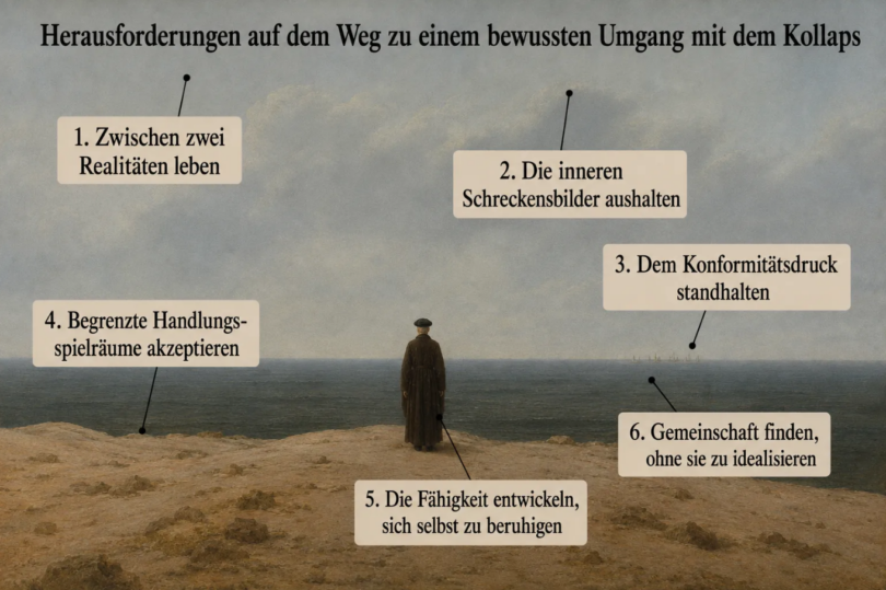Bild: im Stil Caspar David Friedrich. Man sieht einen Mann mit langem Mantel und Hut, der aufs Meer blickt.
Text: Herausforderungen auf dem Weg zu einem bewussten Umgang mit dem Kollaps 1. Zwischen zwei Realitäten leben 2. Die inneren Schreckensbilder aushalten 3. Dem Konformitätsdruck standhalten 4. Begrenzte Handlungsspielräume akzeptieren 5. Die Fähigkeit entwickeln, sich selbst zu beruhigen 6. Gemeinschaft finden, ohne sie zu idealisieren