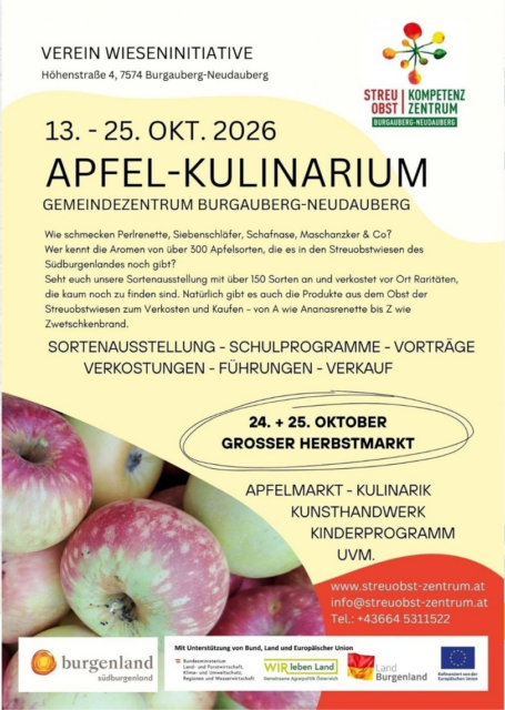 APFEL-KULINARIUM beim Streuobst-Kompetenzzentrum Burgauberg: Am 24. und 25. Oktober: GROSSER HERBSTMARKT: Apfelmarkt, Kulinarik, Kunsthandwerk, Kinderprogramm u.v.m.